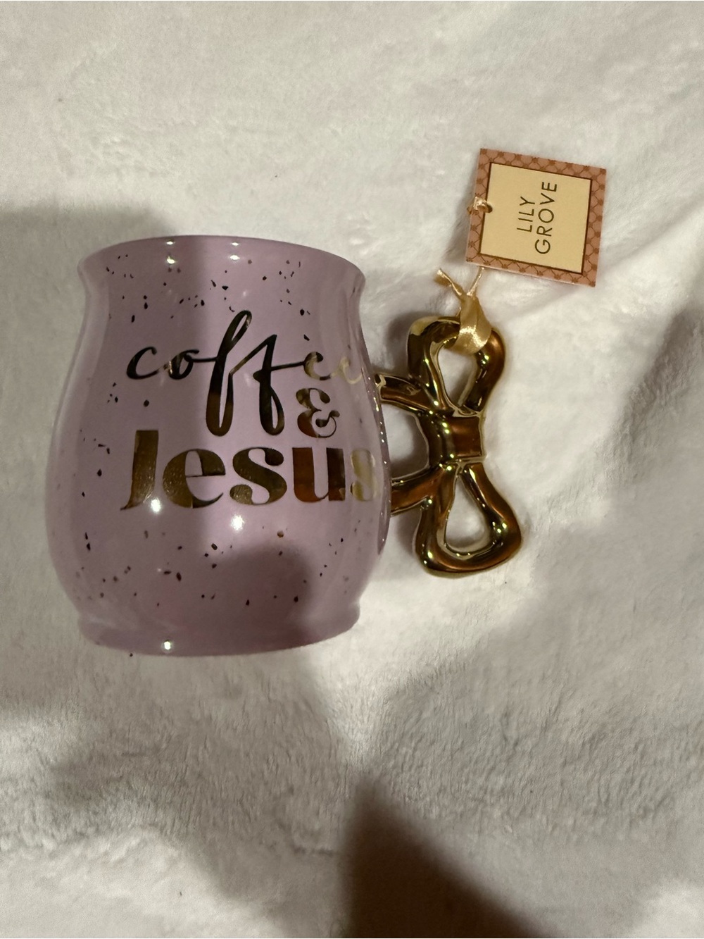 Lavender 'Coffee & Jesus' Accent Mug with Gold Bow Handle